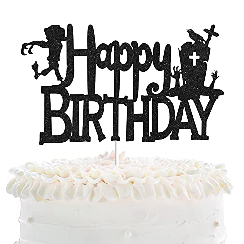 Happy Halloween Spooky Zombies Happy Birthday Cake Topper - Tombstone Zombies Halloween Black Glitter Cake Topper - Cartoon Kids Birthday Game Videos Halloween Party Derocation #TOP22