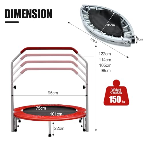 GYMAX 40" Mini Fitness Trampoline, Foldable Exercise Rebounder with 4-level Adjustable Foam Handrail, Indoor/Outdoor Gym Trampolines for Kids Adults - Image 6