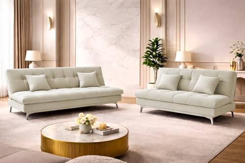 Image of Krancy Solid Wood 3 + 2 Seater Sofa Cum Bed with 2 Cushions | Convertible Wooden Couch for Living Room, Home & Office | Modern Designer Furniture | 3 Years Warranty | Cream