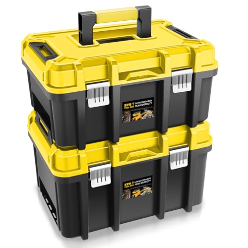 Auto Dynasty 17-Inch Tool Box, 2Pcs Toolboxes Organizer Storage with Removable Tray and Portable Handle for Garage Workshop Home Office Car Trunk, Yellow