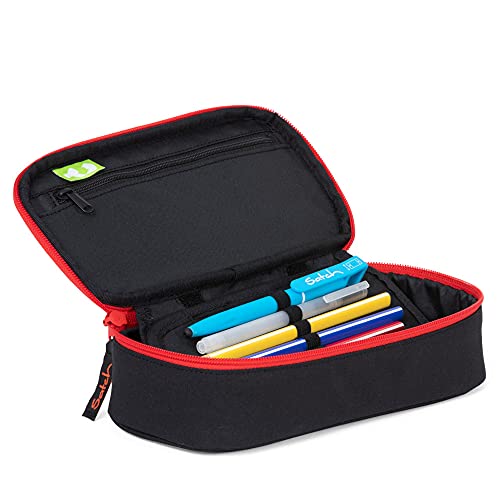 Satch Schlamperbox extra groß inkl. Trennfach Reißverschlussfach Stiftehalter Geodreieck Sichtfenster für Stundenplan Fire Phantom - Schwarz