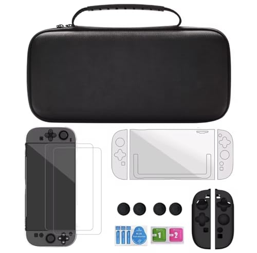 Nintendo Switch2 専用 アクセサリーキット 防水キャリーケースセット, 強化ガラスフィルム2枚付き, グリップカバー(ブラック)親指キャップ付属, 耐衝撃 収納バッグ, 収納ケース(ブラック)