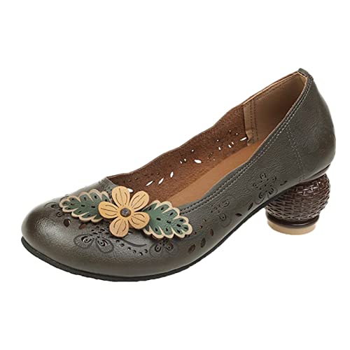 4001 Zapatillas Mujer Verdes Zapatos de Mujer Verano Casual Retro Hueco Cómodo Tacón Grueso de pez Flores Zapatos Casuales Zapatos Mujer Casuales (Grey, 36) Cover