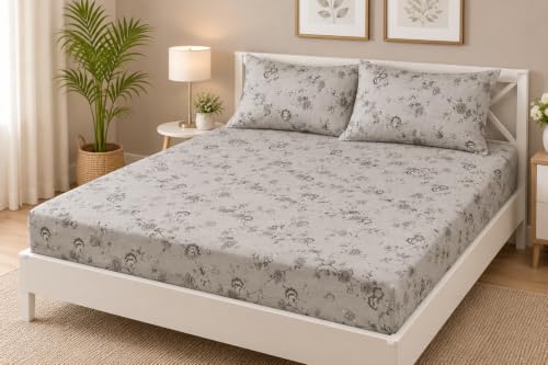 Image of Fitted Bedsheet Light Grey Vintage Floral Print Glace Cotton 210 TC | Single Size for Single Bed Fits 3 x 6.25 ft Mattress (36 x 75 Inch) | All Around Elastic | 2 Pillow Cover | 7 Inch Deep Pocket