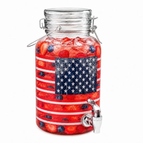 1 Gallon Glass Drink Dispenser with Spigot – Patriotic American Flag Beverage Dispenser, Leak-Proof, Airtight Lid, Large Mouth, Perfect for Parties, BBQs, Indoor & Outdoor Use, Hand Wash Only.