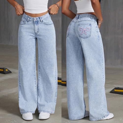 Baggy Jeans for Girls Cute Wide Leg Bow High Elastic Waisted Denim Pants Y2K Skater Tween Girl Clothes Streetwear3