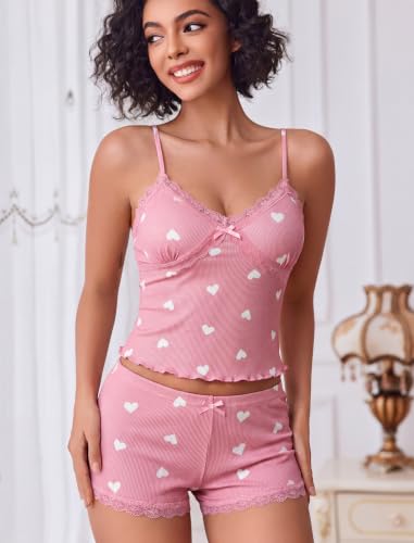Image of Avidlove Women's Soft Ribbed Knit Cami Pajama Set Sexy V Neck Lace Trim Sleepwear Side Slit Shorts Lingerie Nightwear