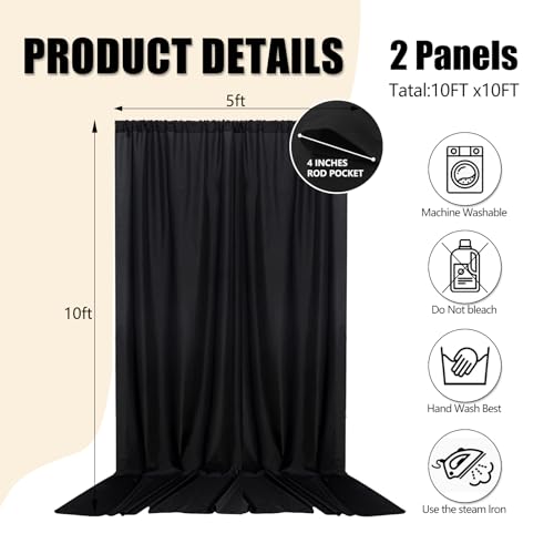 Image of 10ft x 10ft Black Backdrop Curtains for Parties, Polyester Fabric Backdrop Drapes with Rod Pockets for Weddings, Birthday, Halloween, Photography, Christmas Party Background Curtain, 2 Panels
