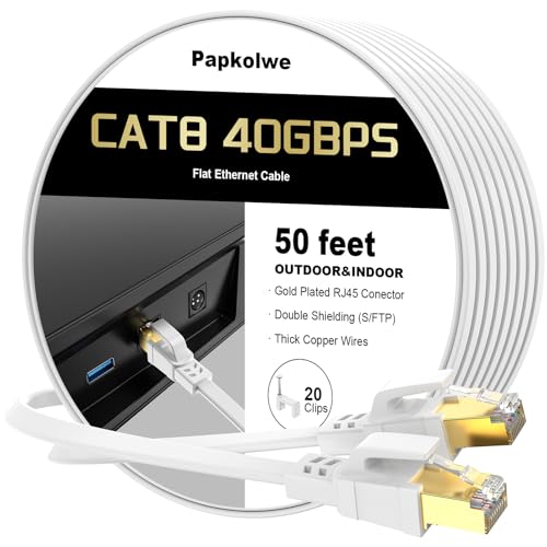 Papkolwe Cat 8 Ethernet Cable 50 ft 15ft 20ft 25ft 30ft 40ft 60ft 75ft 100ft High-Speed Internet Cable Network Cord with Gold Plated RJ45 Connector 40Gbps 2000Mhz LAN Cable Shielded Outdoor Indoor