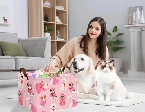 Image of Pink Dog Toy Basket Collapsible Puppy Bin Storage Organizer Large Pet Box With Handles (Girl Dog)