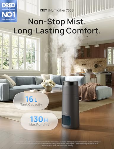 Image of DREO 16L Smart Humidifier Large Room 1000 ft, 130H Runtime, 30dB, Top Fill | Auto Mode, Remote /Touch /Voice & APP Control, Clean Tank Technology, RGB Light, Cool Mist Humidifiers 755S for Bedroom, Grey