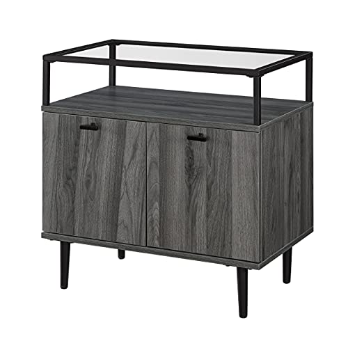 Walker Edison Modern Glass and Wood End Side Table Living Room Storage Small End Table, 2 Drawer, Slate Grey