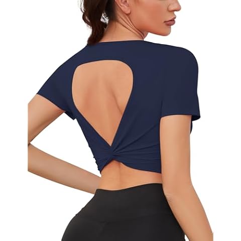 Loovoo Womens Open Back Workout Tops Trendy Crew Neck Baby Tee Sexy Padded Shirts Short Sleeve Gym Outfit Navy Blue S Cover