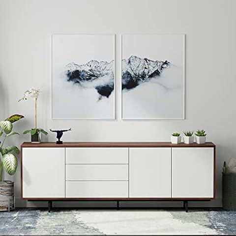 Glenwillow Home Atlas 78" x 28" Highboy Modern TV Stand Cabinet and Sideboard - Walnut Frame, White Door/Drawers, Black Base Cover