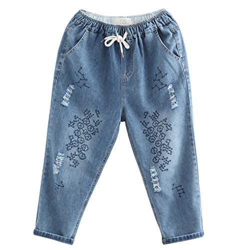 Jeans sarouel pour femme avec taille élastique et broderies denim