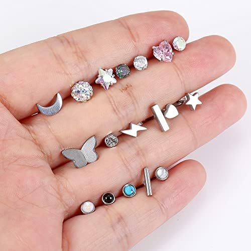LOLIAS 18 Pairs Tiny Cartilage Stud Earrings Set for Women Men 316L Stainless Steel 20G Cartilage Helix Earrings Moon Star Heart CZ Geometric Flat Back Small Stud Earrings for Girls