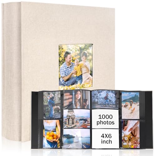 Colemoly Photo Album 4x6 1000 Photos Linen Cover with Window Storing & Displaying 1000 Memorable Pictures of Friends & Loved Ones(Beige 1000 Pockets)