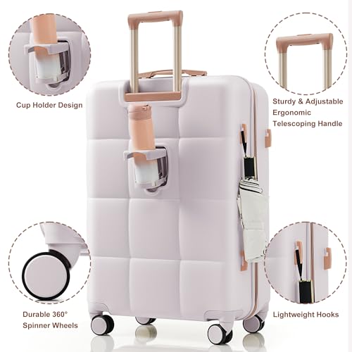 3-Piece Luggage Set with Cup Holder - Airline Approved ABS Hard Shell Suitcase, 360° Spinner Wheels & Side Hooks, Carry-On Compatible Lightweight Travel Luggage (Light Grey)3