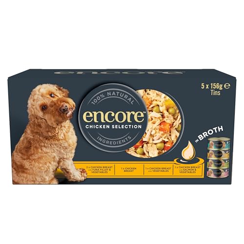 Encore 100 Percent Natural Adult Wet Dog Food Chicken and Fish Selection Multipack in Broth 156g Tin (5 x 156g Tins)