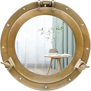 Bullauge-Spiegel und Fenster aus Aluminium mit Schiffen – nautischer runder Wandspiegel mit robustem Rahmen für Badezimmer, Wohnzimmer und Außenbereich (Golden, Mirror, 30 inch)