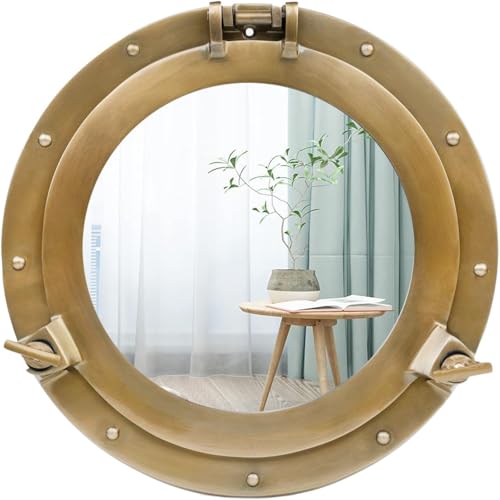 Bullauge-Spiegel und Fenster aus Aluminium mit Schiffen – nautischer runder Wandspiegel mit robustem Rahmen für Badezimmer, Wohnzimmer und Außenbereich (Golden, Mirror, 30 inch)