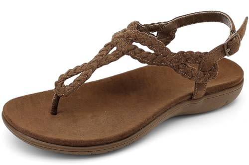 Image of UBFEN Womens Flat Sandals Dress Braided T-Strap Thong Sandals with Arch Support Comfortable for Walking