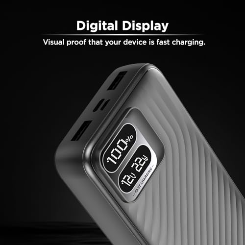 Image of Intex Strong Storm 20K Poly 20000mAh Power Bank with 22.5W Fast Charging, PD & QC Support, Type-C Input /Output, Dual USB Ports, Digital Display, Multi-Protection Portable Charger (Black)