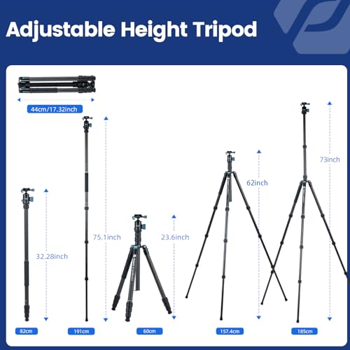 Image of Fotopro 73 inch /185cm Carbon Fiber Travel Tripod for Camera, 360 Panorama Ball Head, Arca Quick Release Plate and Bag, Detachable Monopod for DSLR Camera Camcorder, Load up to 22lbs /10kg. X-Go Plus Blue