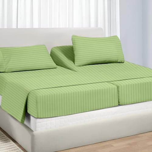 5 Piece Split Queen Sheet Set for Sleep Number Bed Cotton Sage Stripe 18" Deep