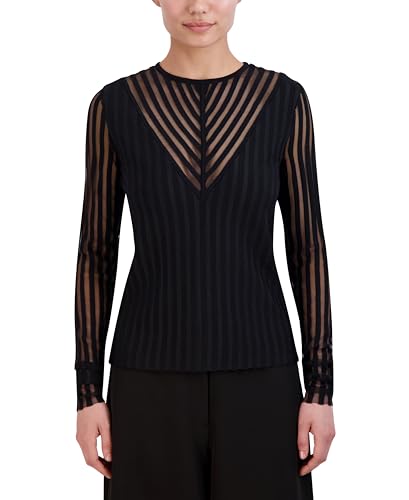 Image of BCBGMAXAZRIA Women's Pullover Crew Neck Sheer Stripe Plunge V Sweater Top