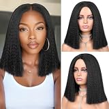 quickwig Yaki Straight Bob Wig for Black Women Short Kinky Straight Wigs Glueless Synthetic Wigs Shoulder Length Middle Part Hair Blunt Cut Bob Wig Natural Black Color