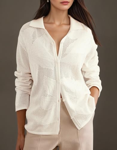 Image of Kedera Women's Crochet Cardigan Sweaters 2025 White Lightweight Shirt Casual Hollowed-Out Knit Sweater Tops