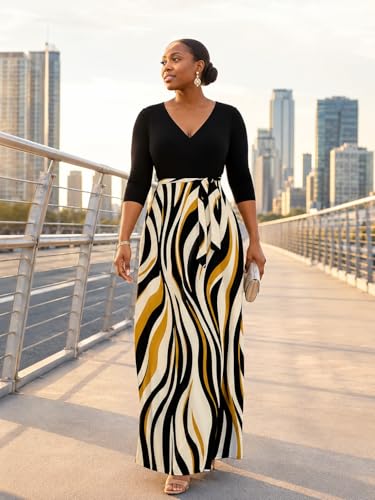 Image of Women's V Neck Floral Maxi Dress 3 /4 Sleeve Plus Size Boho Wrap Flowy Long Dresses with Belt