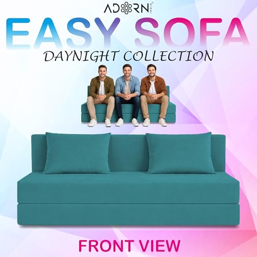 Image of Adorn India Easy 3 Seater Sofa Cum Bed | Velvet Fabric | Aqua Blue | Plain Design | 6x5 Ft | Comfortable Seating | Washable Cover | Perfect for Home & Office