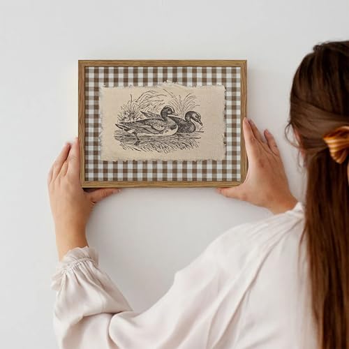 Image of Vintage Duck Framed Wall Art - Retro Farmhouse Brown Gingham Duck Poster, Rustic Cottagecore Decor Canvas Print, Vintage Wall Decor for Living Room Bedroom Office Nursery 8x10 inch
