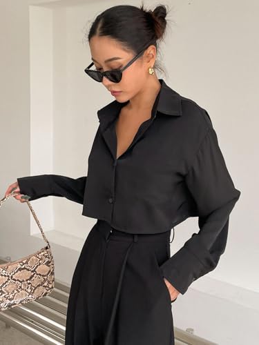 Image of Aahwan Women Polyester Regular Fit White Solid Button Up Drop Shoulder Casual Crop Long Sleeve Shirt