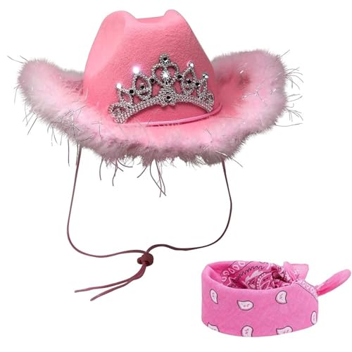 Cosmic Chameleon Pink Cowgirl Hat for Teens & Adults Light-Up Tiara Crown with Boa Trim + Light Pink Paisley Bandana Party Accessory (Ages 16+)
