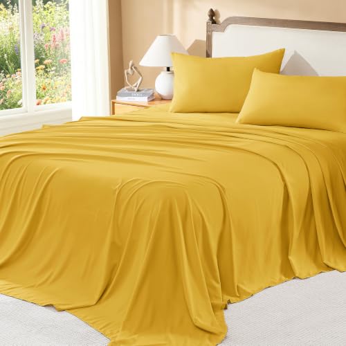 Image of Litanika California King Size Comforter Set with Sheets Mustard Yellow - 7 Pieces Bed in a Bag Cal King Chevron Tufted Complete Bedding Sets with Comforter, Sheets, Pillowcases & Shams
