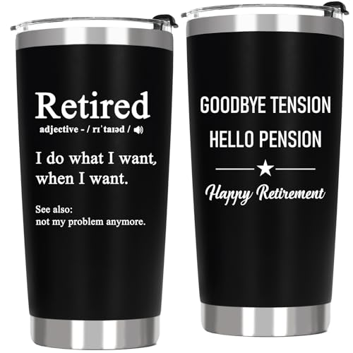 ZyraGleam Retirement Gifts Tumbler for Men Him - Goodbye Tension Hello Pension Farewell Gift for Retired Coworker Colleagues Boss Male Teacher Insulated Stainless Steel Coffee Tumbler 20 OZ Black