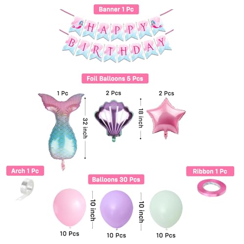 Image of Party Propz Mermaid Theme Happy Birthday Decoration Kit - 38 Pcs, Mermaid Theme Balloons for Birthday, Bday Decoration Items with Foil Balloons, Birthday Decoration Kit for Girls (Cardstock)