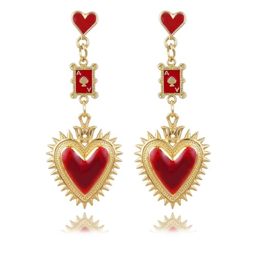 Queen of Hearts Earrings for Women Poker Card Red Heart Drop Dangle Earrings Unique Poker Gold Earring Red Queen Hearts Halloween Jewelry Outfits Accessories