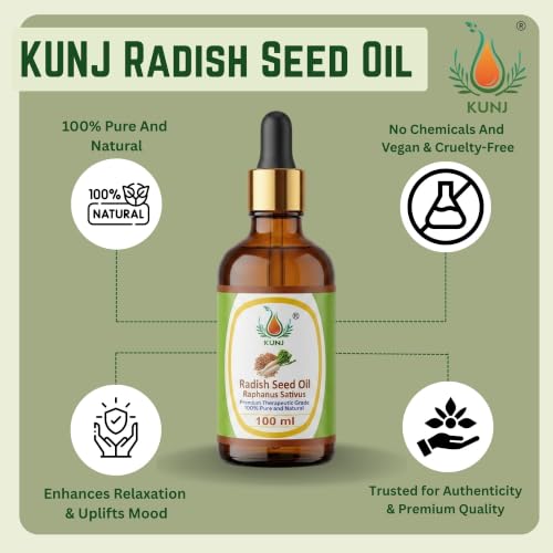 Image of KUNJ Radish Seed Oil 100ml - 100% Pure & Natural Cold Pressed Undiluted Carrier Oil for Hair, Scalp, Skin & Face Care | Lightweight Nourishing Oil for Smooth Hair & Healthy-Looking Skin