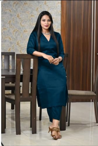 Image of Women's Jam Cotton Silk Co-ord Kurta Set With Pants | Ethnic Wear Solid Lightweight Straight Kurta With Pant