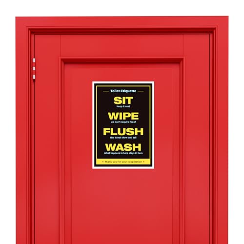 Image of Funny Toilet Etiquette Bathroom Poster, Sit Wipe Flush Wash Sign, Self Adhesive, Water Resistant, 8.2x11.5 Inches (Etiquette 2)