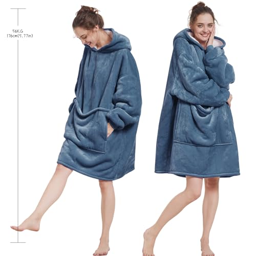 Aemilas Wearable Blanket Hoodie, Greyish Blue - Flannel Sherpa Fleece — view 2