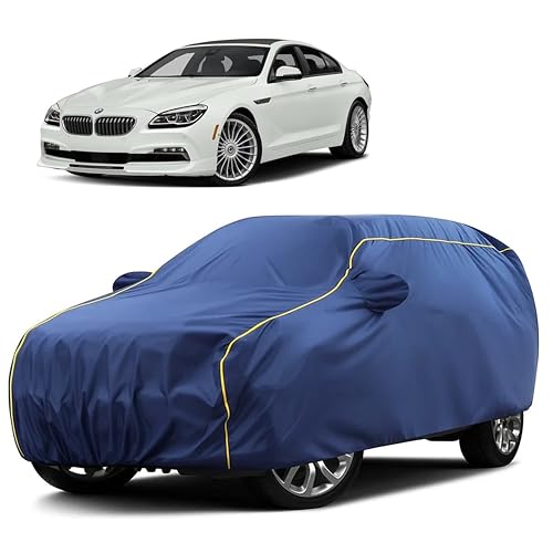 Image of Sulfar 100% Water Resistant Car Body Cover Compatible with Mirror for BMW Alpina B6 (Triple Stitched, Full Bottom Elastic, Blue Taffeta with Yellow Piping)