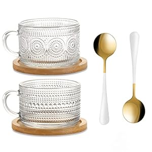 Amzcku Vintage Coffee Tea Cups, Glass Mugs with Spoon and Coasters 14 Oz Set of 2 Embossed Glassware with Handle, for Cappuccino, Latte, Cereal, Yogurt, Beverage Hot/Cold, Milk