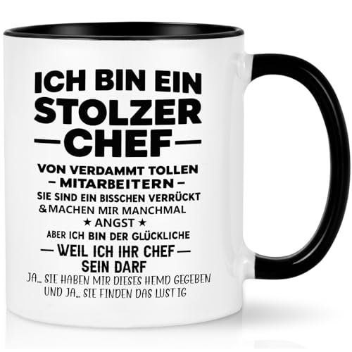 Joymaking Chef Geschenke Tasse mit Spruch - Ich bin ein stolzer Chef von tollen Mitarbeitern - Geschenke für Bester Chefs Lustig Geschenk für Chefs von Mitarbeitern 320ml Schwarz