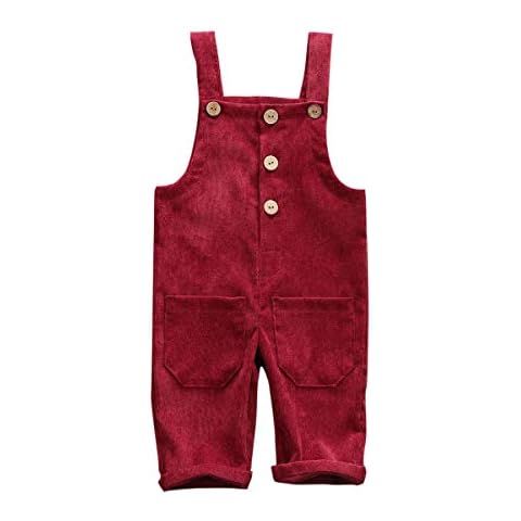 Liyamiee Baby Boy Girl Corduroy Overalls Solid Suspender Bib Pants One-Piece Strap Jumpsuit Pocket Fall Winter Outfit (Wine red Overall, 2-3 Years) Cover