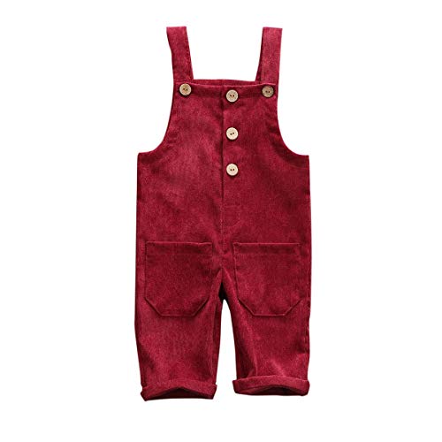 Liyamiee Baby Boy Girl Corduroy Overalls Solid Suspender Bib Pants One-Piece Strap Jumpsuit Pocket Fall Winter Outfit (Wine Red Overall, 6-12 Months) #TOP24